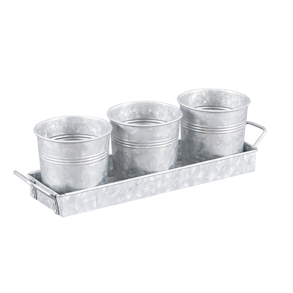 Decorative Farmhouse Galvanized Flower Pot Set w/ Tray (3 pots) by Walford Home
