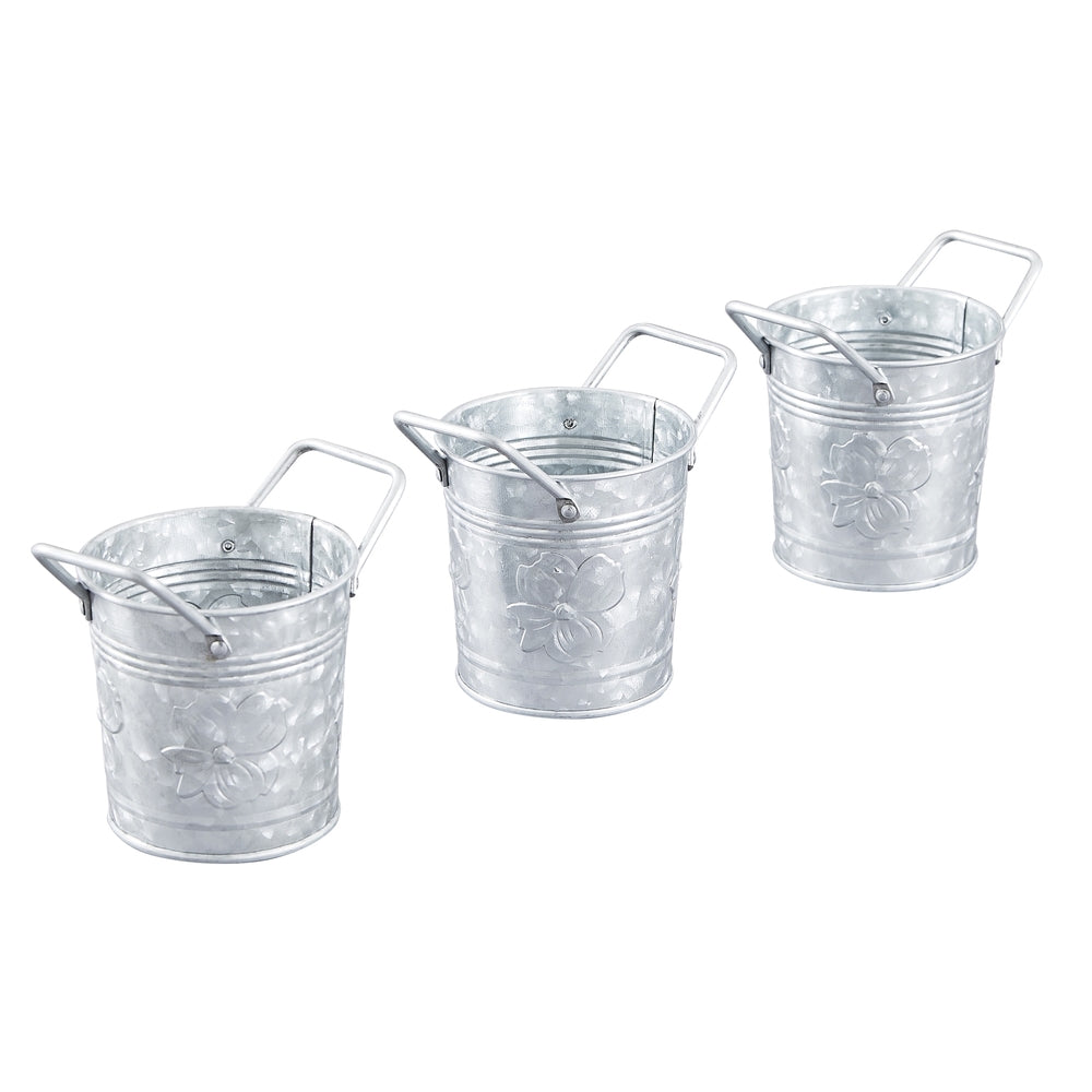 Set of 3 Four-Inch Galvanized Flower Pots with Embossed Dogwood Flower Design by Walford Home