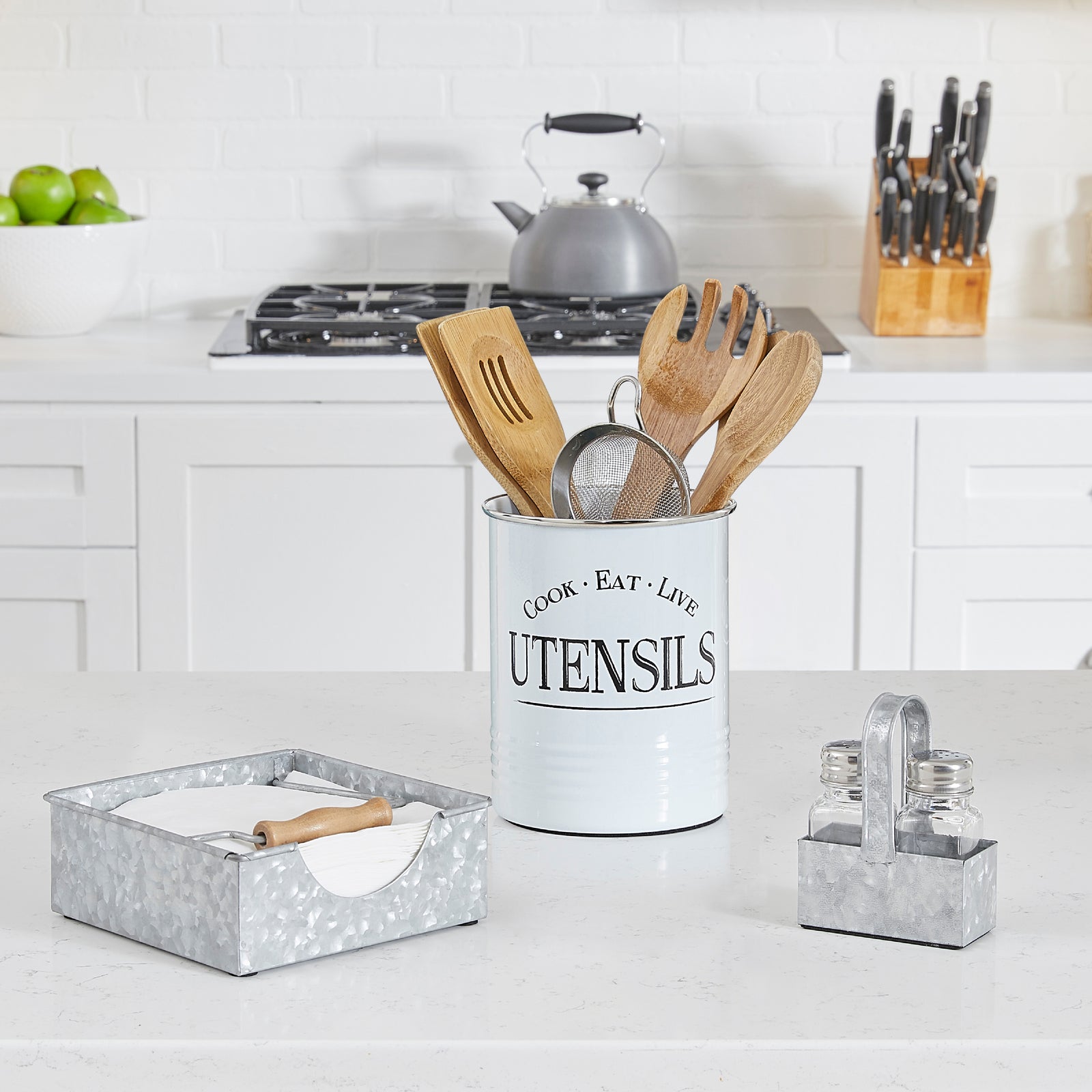 Farmhouse Kitchen Essentials Pack - White Utensil Holder, Napkin Holder, Salt and Pepper Shaker Set by Walford Home