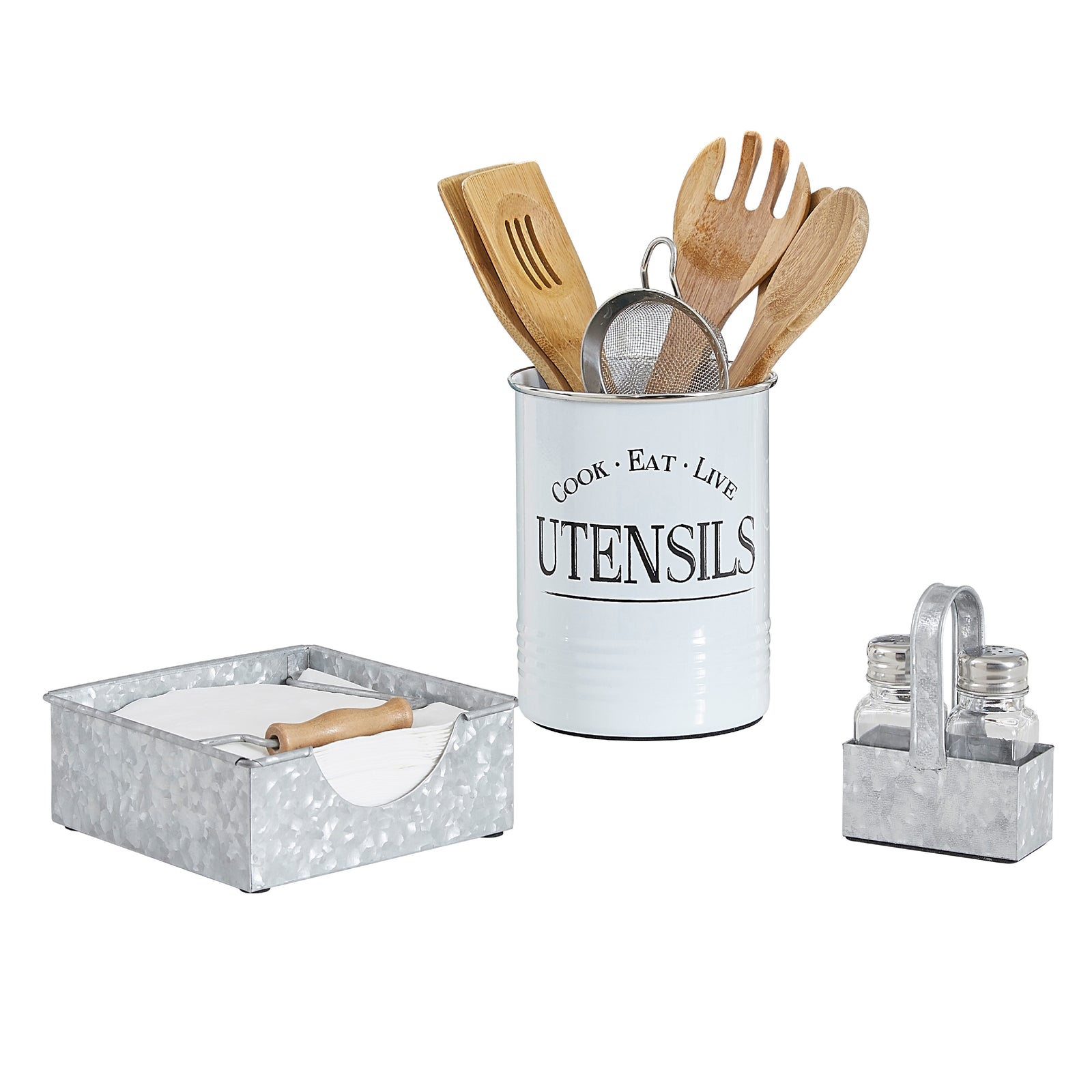 Farmhouse Kitchen Essentials Pack - White Utensil Holder, Napkin Holder, Salt and Pepper Shaker Set by Walford Home