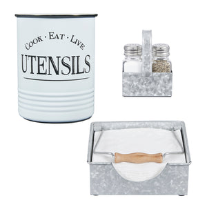 Farmhouse Kitchen Essentials Pack - White Utensil Holder, Napkin Holder, Salt and Pepper Shaker Set by Walford Home